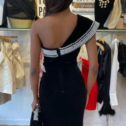 Jessica Bara Cruella One Shoulder Velvet And Pearl Gown