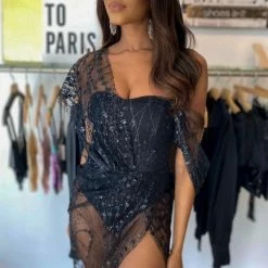 Influencer Style Jessica Bara Yasmin Glitter Sheer Bodycon Mini Dress
