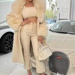 Jessica Bara Dierdra Fur And Wool Belted Long Coat Influencer Style