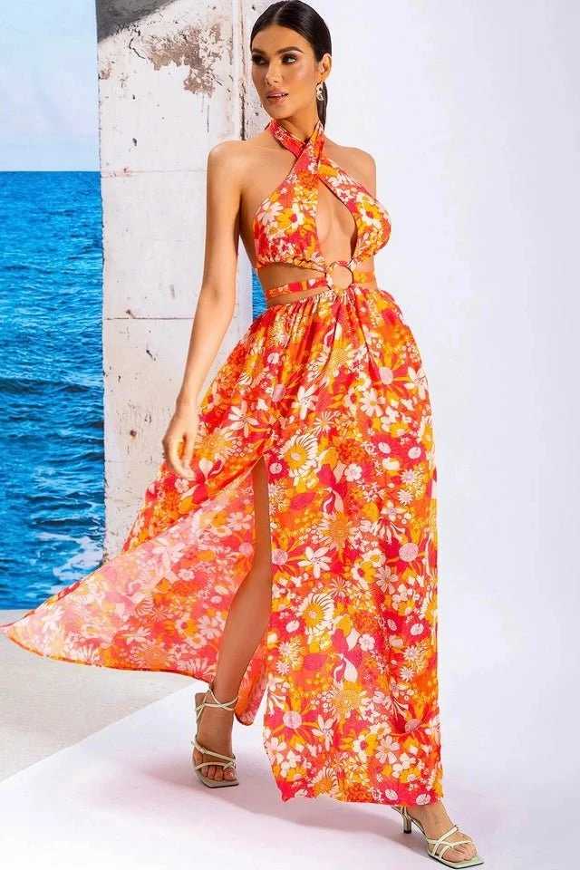 Jessica Bara Klara Floral Halter Cut Out Maxi Dress