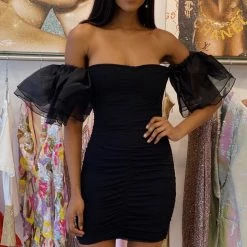 Jessica Bara Fallon Puff Sleeve Ruched Mini Dress Influencer Style