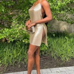 Jessica Bara Tezza Halter Metal Chain Mini Dress