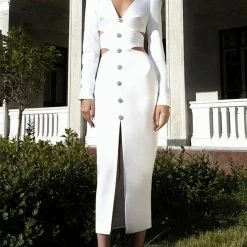 Jessica Bara Ginette Silver Button Cut Out Midi Dress