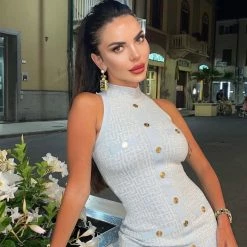 Jessica Bara Robyn Sleeveless Gold Button Mini Dress Giulia Nati