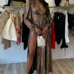 Jessica Bara Cruz Long Sleeve Cut Out Double Leg Slit Gown