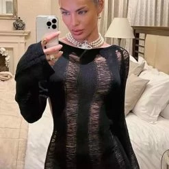 Influencer Style Jessica Bara Amabella Long Sleeve Shredded Backless Mini Dress