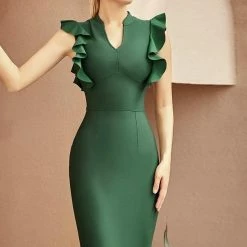 The 9-5 Shop Jessica Bara Lilaya Ruffle Bandage Midi Dress