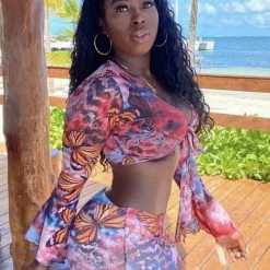 Summer Lovin' Jessica Bara Mindie Mesh Long Sleeve Top And Sarong Two Piece Set