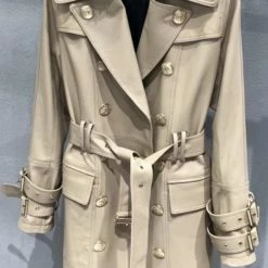 Jessica Bara Anniston Double Breasted Leather Long Coat