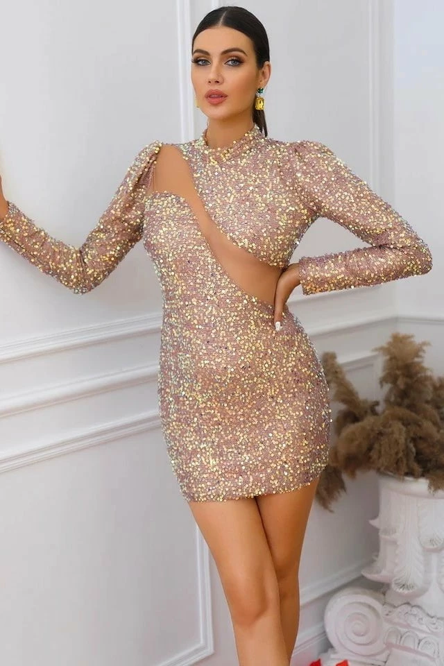 ReveBoutique Birthday Suit Jessica Bara Nene Long Sleeve Sequins Mini Dress