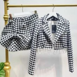 Jessica Bara Lara Houndstooth Cropped Blazer And Skirt Two Piece Set
