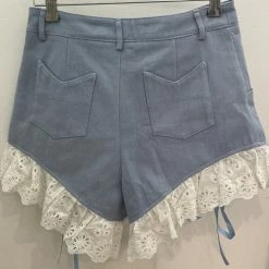 Jessica Bara Lacy Lace Up Frilly Denim Shorts