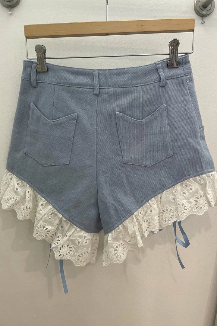 Jessica Bara Lacy Lace Up Frilly Denim Shorts