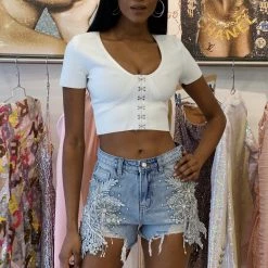 Reve Doll Essentials Jessica Bara Blythe High Waisted Rhinestone Denim Shorts