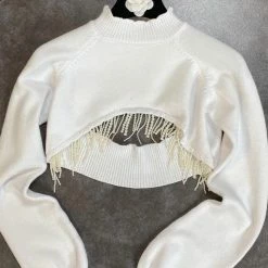 Influencer Style Jessica Bara Paige Pearl Embellished Extreme Crop Top