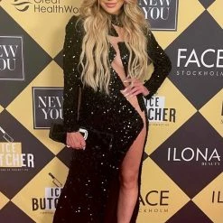 Jessica Bara Spencer Irregular Mesh Cut Out Sequin Gown