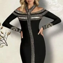 Jessica Bara Avril Long Sleeve Bandage Beaded Dress