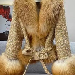 Jessica Bara Shaliyah Fur And Tweed Belted Coat