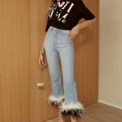 Birthday Suit Jessica Bara Aurelia High Waisted Feather Cuffed Denim Jeans