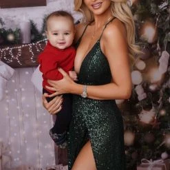 Jessica Bara Tyler V Neck Sequin Double Slit Gown