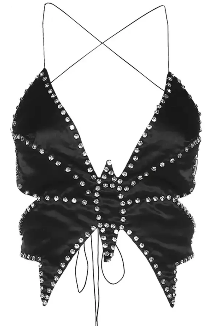 Jessica Bara Arina Butterfly Rhinestone Backless Crop Top