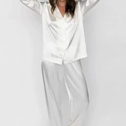 Jessica Bara Noel Silk Feather Blouse And Pants Two Piece Set