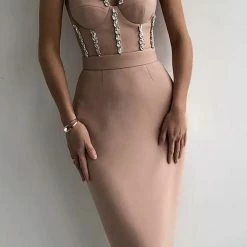 Jessica Bara Liza Strapless Crystal Beaded Midi Dress Influencer Style