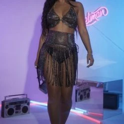 Jessica Bara Velora Rhinestone Top And Fringe Skirt Two Piece Set Birthday Suit