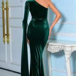 Jessica Bara Gwendolyn One Shoulder Split Sleeve Velvet Gown The Event Shop