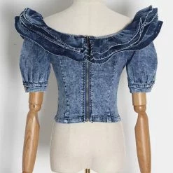 Jessica Bara Giulia Denim Ruffle Crop Top