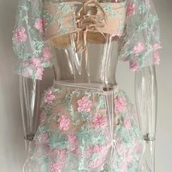 Jessica Bara Samba Mesh Floral Crop Top And Skirt Two Piece Set