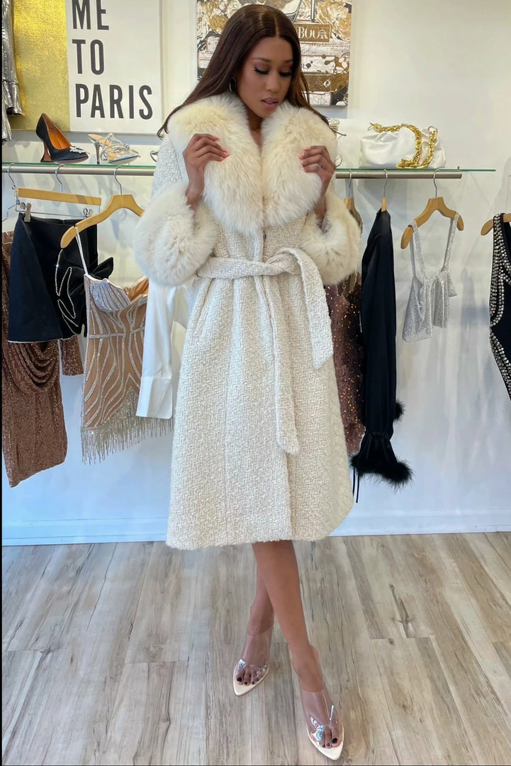 Jessica Bara Dierdra Fur And Wool Belted Long Coat Influencer Style