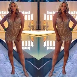 Jessica Bara Alpha Strapless Crystal Mesh Mini Dress Influencer Style