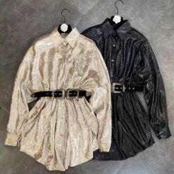 Jessica Bara Jessie Long Sleeve Shiny Belted Top