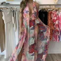 Influencer Style Jessica Bara Roseanna Halter Neck Split Leg Maxi Cover Up