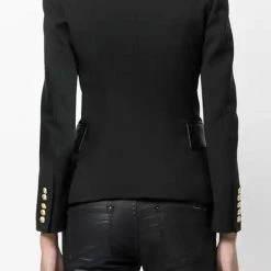 Jessica Bara Donatella Leather Trim Gold Button Blazer