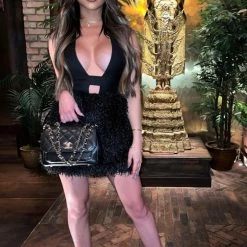 Influencer Style Jessica Bara Tobi Halter Neck Backless Feather Dress