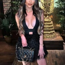 Influencer Style Jessica Bara Tobi Halter Neck Backless Feather Dress