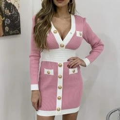 Jessica Bara Clarabella Knit Colorblock Gold Button Dress Reve Doll Essentials