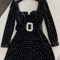 Jessica Bara Ambrosia Long Sleeve Diamond Velvet Belted Dress