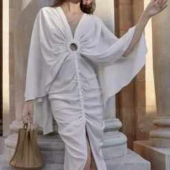 Jessica Bara Noemi Ruched Butterfly Sleeve Maxi Dress