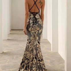 The Event Shop Jessica Bara Maple Sequin Backless Leg Slit Gown