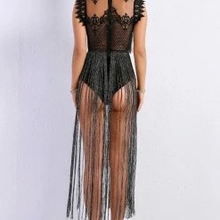 Birthday Suit Jessica Bara Gunner Mesh Lace Crystal Fringe Playsuit
