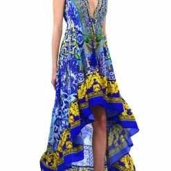 Shahida Parides V Neck Mosaic Tile Print Hi-Low Dress