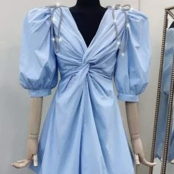 Jessica Bara Nevin Rhinestone Bowknot Puff Sleeve Mini Dress Reve Doll Essentials