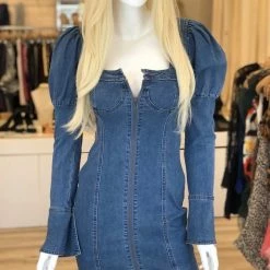 Influencer Style Jessica Bara Francine Puff Shoulder Denim Mini Dress