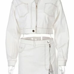 Jessica Bara Ryland Denim Zip Up Jacket And Skirt Two Piece Set Influencer Style