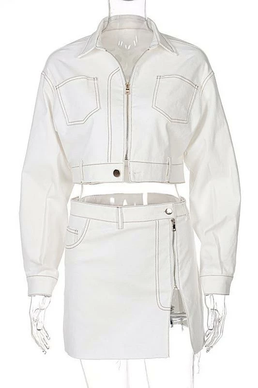 Jessica Bara Ryland Denim Zip Up Jacket And Skirt Two Piece Set Influencer Style