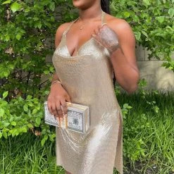 Jessica Bara Tezza Halter Metal Chain Mini Dress