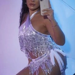 Jessica Bara Maxima Sequin Fringe Halter Top And Skirt Two Piece Set Birthday Suit